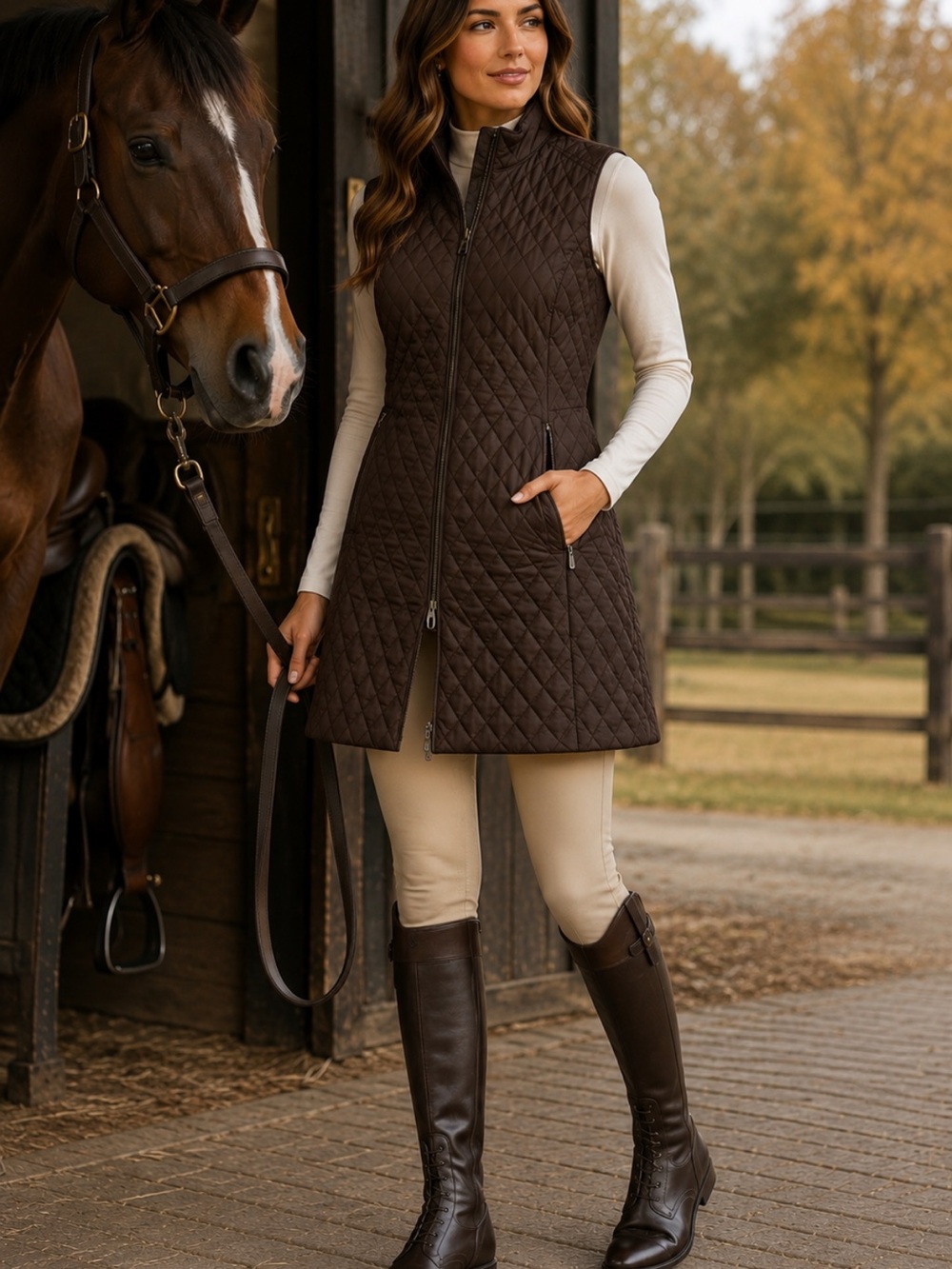 Roper Quilted Sleeveless Long Vest in Dark Brown Equestrian Preppy Cabincore